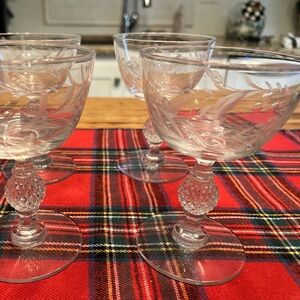 Etched Crystal Cordial, Wine Glasses Set Of 4 Clear. Laurel Leaves.